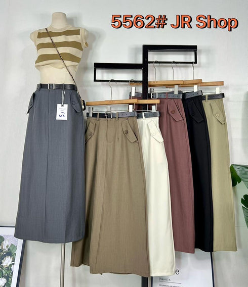 Casual Full Length Side Pocket Loose Skirts With Belt